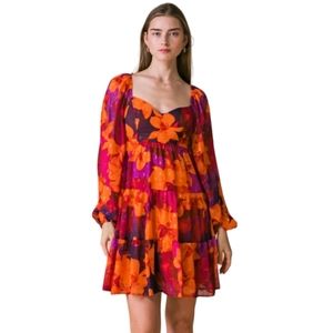 196. Women's Orange Burgundy Floral Print Mini Dress NWT